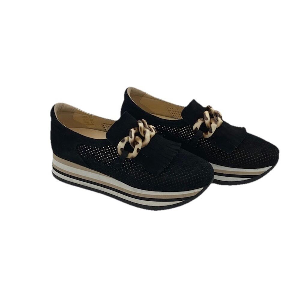 Softwaves Cadie Loafer Platform Sneaker Size 39.5 US 9 Black Suede Leopard Chain